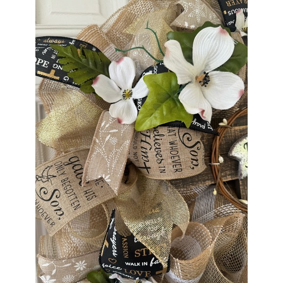 He is Risen Cross Religious Easter Dogwood Flowers Deco Mesh & Ribbon Wreath - Picture 3 of 9